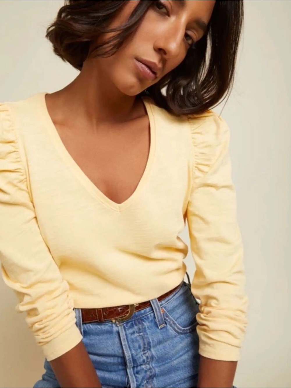 NATION LTD | NWT Saige V Neck Puff Sleeve Top in Post-it Yellow | XL